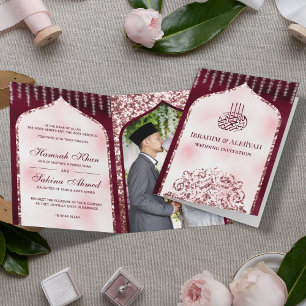 Invitation Mariage Islamique Arc Burgundy Blush Pailleté
