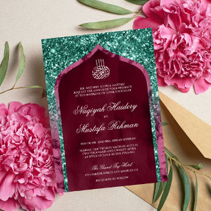 Invitation Mariage islamique Arche Paillettes Marbre Magenta