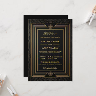 Invitation Mariage islamique Art déco noir et or vintage