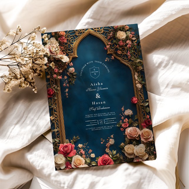 Invitation Mariage islamique bleu floral de la marine (Créateur téléchargé)