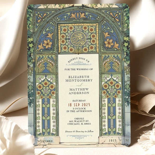 Invitation Mariage islamique Bleu, Or, Arc Vert (Créateur téléchargé)
