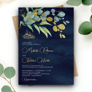 Invitation Mariage Islamique Branche d'Eucalyptus Bleu Nuit e