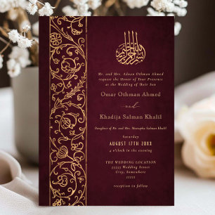 Invitation Mariage islamique chic orné floral or et burgundy