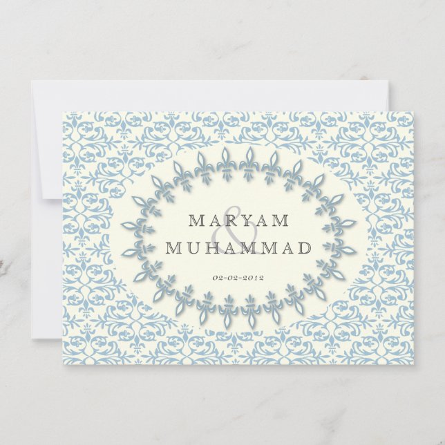 Invitation Mariage islamique damassé engagement fleur bleue (Devant)