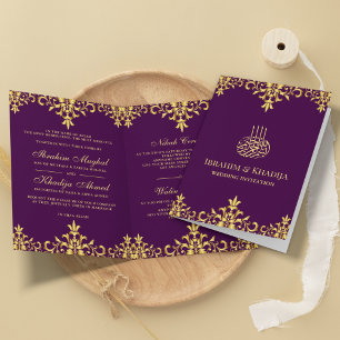 Invitation Mariage Islamique Damassé Violet Foncé et Or Feuil