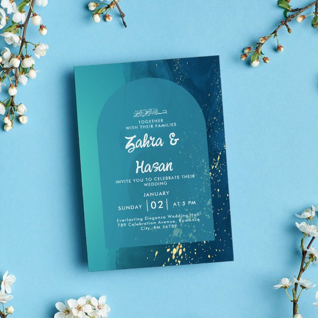 Invitation Mariage islamique d'or Turquoise moderne (Créateur téléchargé)