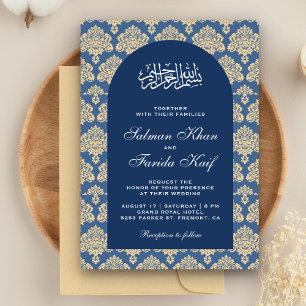 Invitation Mariage islamique élégant à l'arche bleue en damas