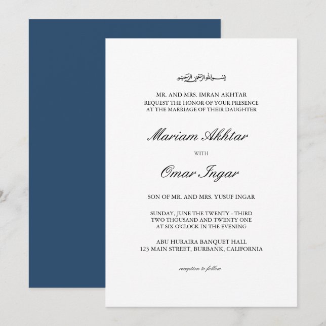 Invitation Mariage islamique élégant classique marine (Devant / Derrière)