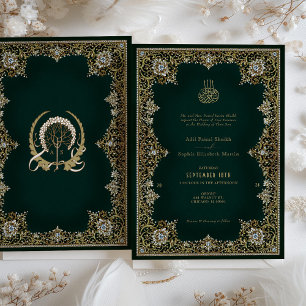 Invitation Mariage islamique émeraude antique or et bijoux
