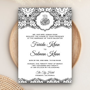 Invitation Mariage Islamique en Noir et Blanc Vintage en Dent