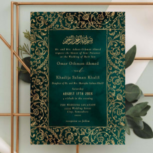 Invitation Mariage islamique en velours doré et vert Floral V