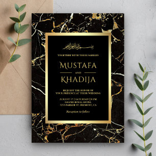 Invitation Mariage Islamique Faux Papier Doré Marbre Or Noir