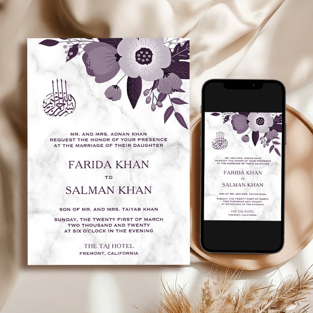 Invitation Mariage Islamique Fleur Blanc Marbre Violet Foncé (Créateur téléchargé)