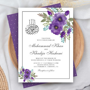 Invitation Mariage islamique floral aquarelle violet poussiér