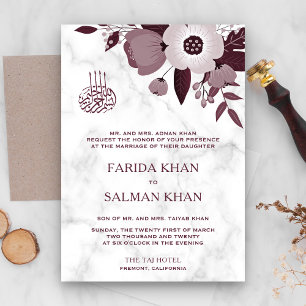 Invitation Mariage islamique floral bordeaux et marbre blanc