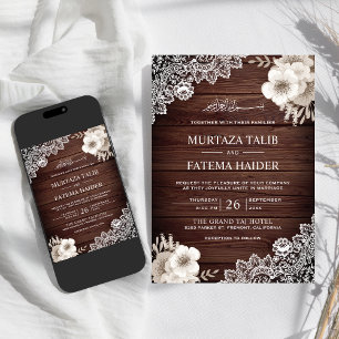 Invitation Mariage Islamique Floral Ivoire Dentelle Bois Rust