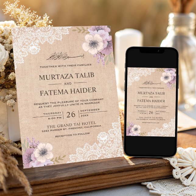 Invitation Mariage Islamique Floral Rose Ruban de Burlap Rust (Créateur téléchargé)
