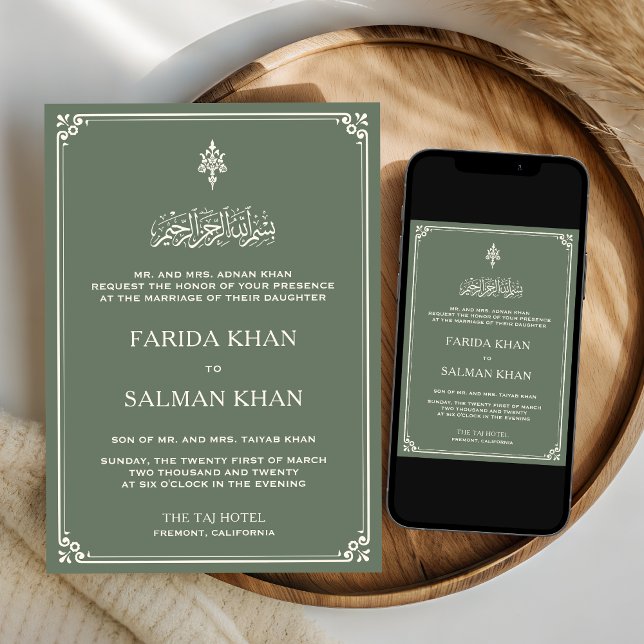Invitation Mariage islamique frontière crème verte Sage (Créateur téléchargé)