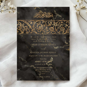 Invitation Mariage Islamique Luxueux Fleurs Or Marbre Noir