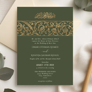 Invitation Mariage islamique luxueux floral vert sauge et or