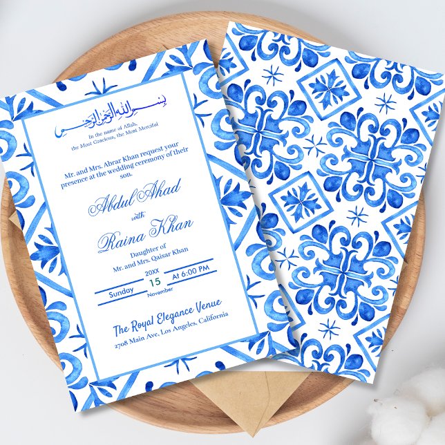 Invitation Mariage Islamique Motif Marocain Bleu et Blanc (Créateur téléchargé)