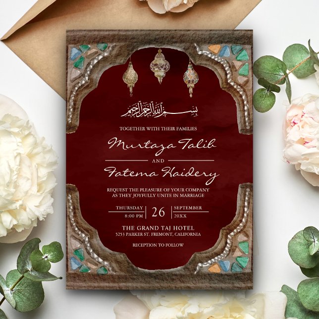 Invitation Mariage Islamique Musulman Arché à losanges Rouge  (Créateur téléchargé)