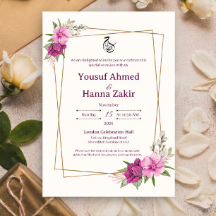 Invitation Mariage Islamique Musulman Cadre Doré Floral Rose