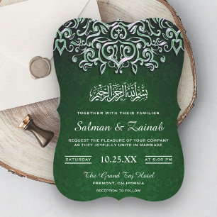 Invitation Mariage islamique musulman damassé vert émeraude