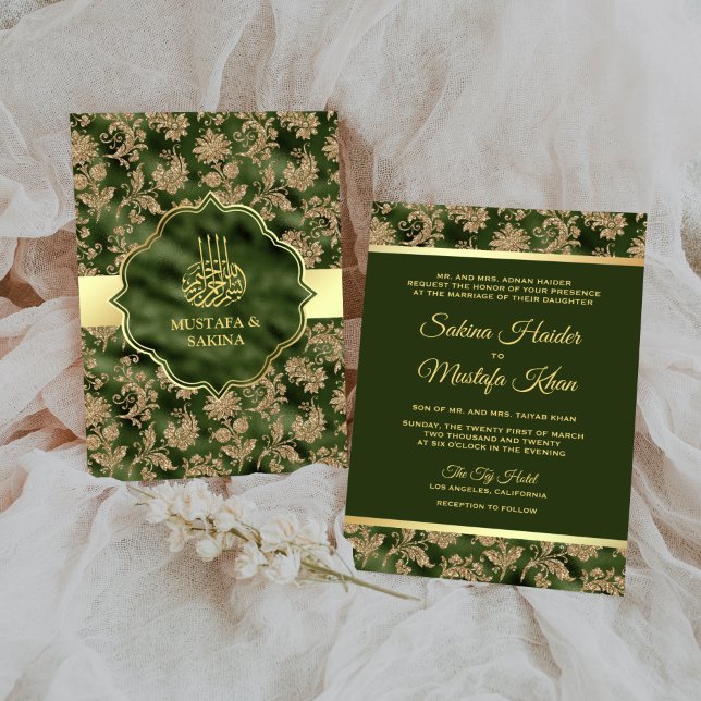 Invitation Mariage islamique musulman floral doré vert chasse (Créateur téléchargé)