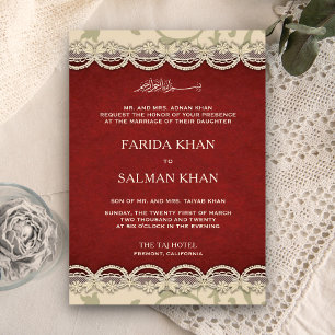 Invitation Mariage islamique musulman vintage rouge et beige