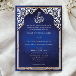 Invitation Mariage Islamique Orné à l'Arche Dorée et Bleue Ar