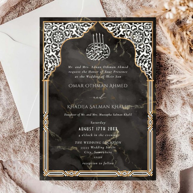 Invitation Mariage Islamique Orné de Style Arabe Or et Noir (Créateur téléchargé)