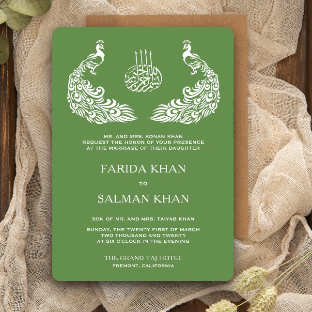 Invitation Mariage islamique paon vert et blanc (Créateur téléchargé)