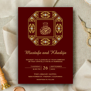 Invitation Mariage Islamique Rouge Damassé Or Orné Vintage