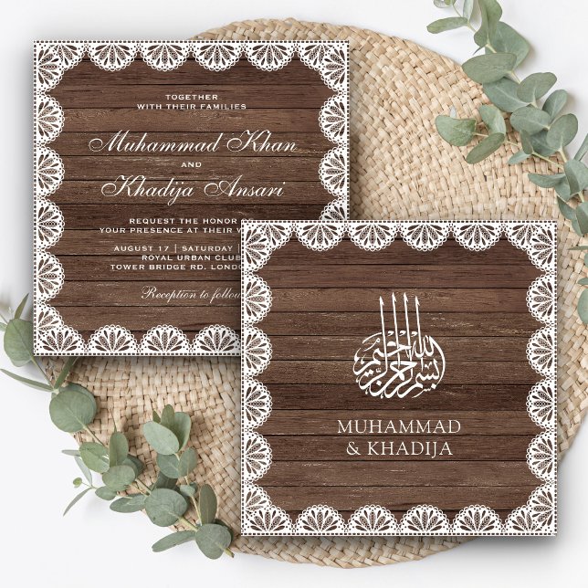 Invitation Mariage islamique rustique vintage avec dentelle b (Créateur téléchargé)