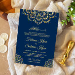 Invitation Mariage islamique traditionnel Blue Gold Motif<br><div class="desc">Éblouissez vos invités avec cette faire-part de mariage musulmane traditionnelle avec un beau motif or et "Bismillah" en calligraphie arabe. Ajoutez simplement les détails de votre événement sur ce modèle facile à utiliser pour en faire une invitation unique. Retournez la carte pour révéler une fausse texture de feuille d'or au...</div>