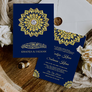 Invitation Mariage islamique traditionnel motif bleu or