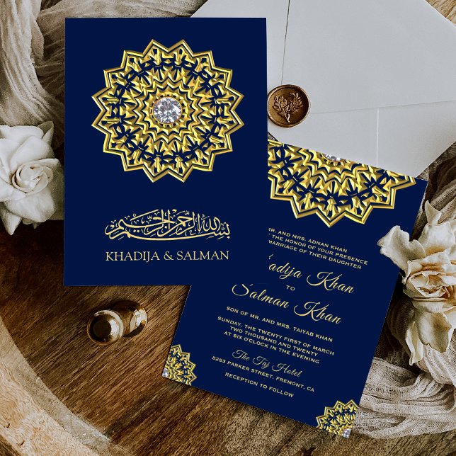 Invitation Mariage islamique traditionnel motif bleu or (Créateur téléchargé)