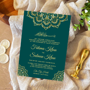 Invitation Mariage islamique traditionnel Sea Green Gold Moti