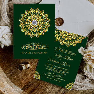 Invitation Mariage islamique traditionnel vert Motif or vert