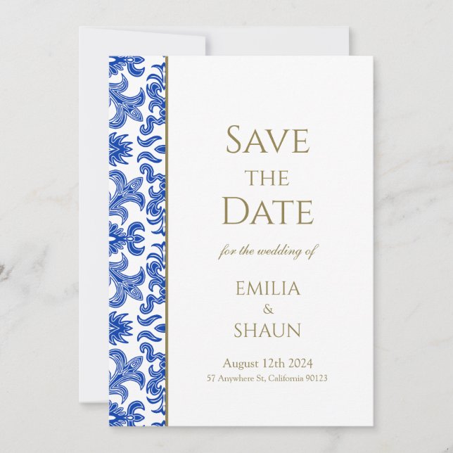 Invitation Mariage italien bleu et blanc Enregistrer la date (Devant)