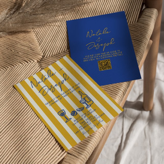 Invitation Mariage Italien Bleu Jaune Code QR Manuscrit (Créateur téléchargé)