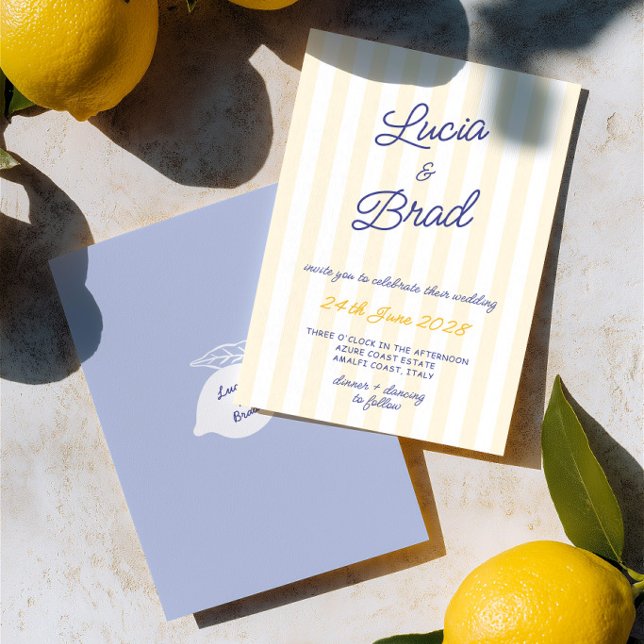 Invitation Mariage Italien Citron Rayé Jaune et Bleu (Italian Yellow & Blue Striped Lemon Wedding Invitation)
