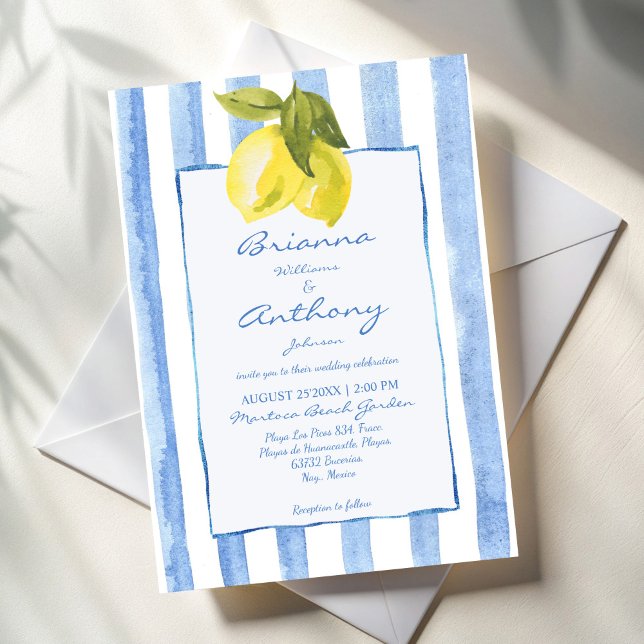 Invitation Mariage italien rayures bleues à main levée (Handrawn blue stripes lemons Italian style wedding Invitation cards template instant download)
