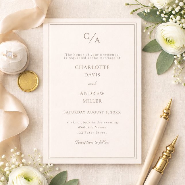 Invitation Mariage ivoire taupe monogrammé simple (Créateur téléchargé)