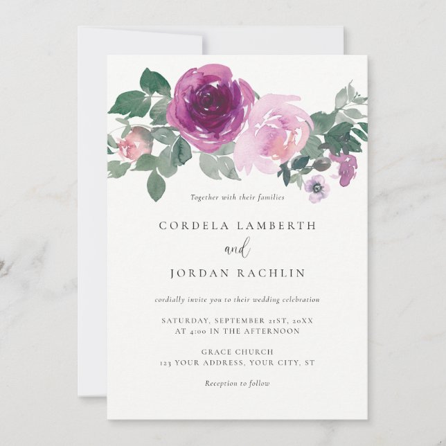 Invitation Mariage Ivory en Floral Rose Magenta (Devant)