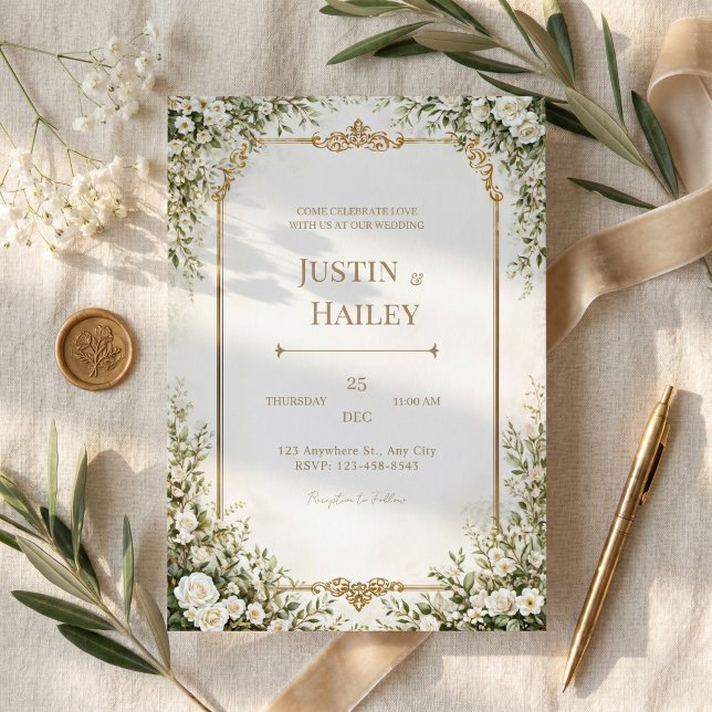 Invitation Mariage Ivory Rose Orné Bordure Dorée (Créateur téléchargé)