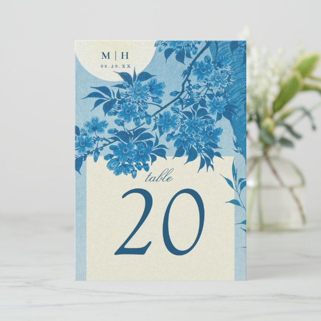 Invitation Mariage japonais antique en fleurs de cerisier ble (Debout devant)