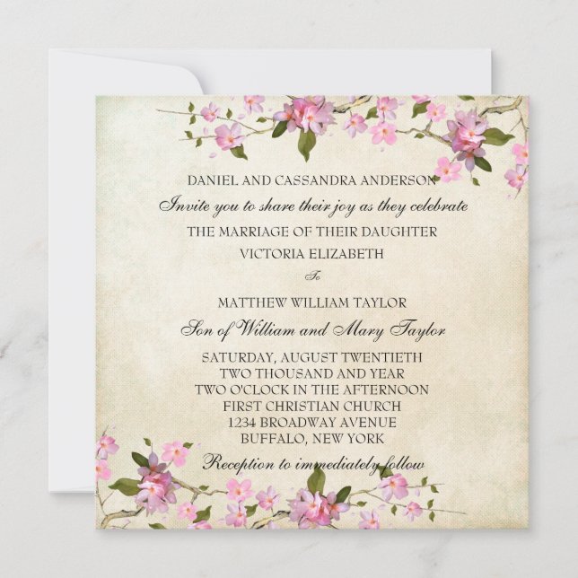 Invitation Mariage japonais rose fleurs de cerisier (Devant)