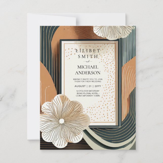 Invitation Mariage japonais scandinave Abstrait Brown Turquoi (Devant)